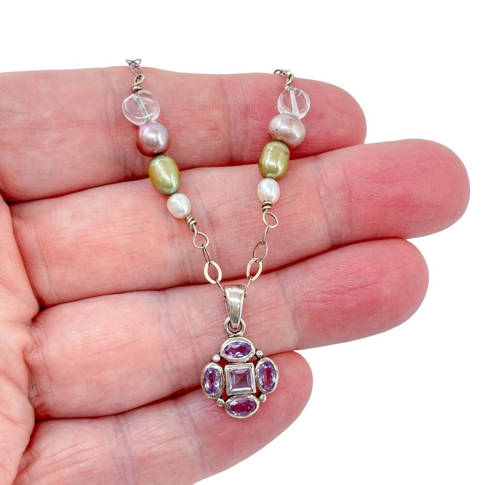 Vintage Sterling Silver 925 Amethyst Pearl Quartz Necklace 17"